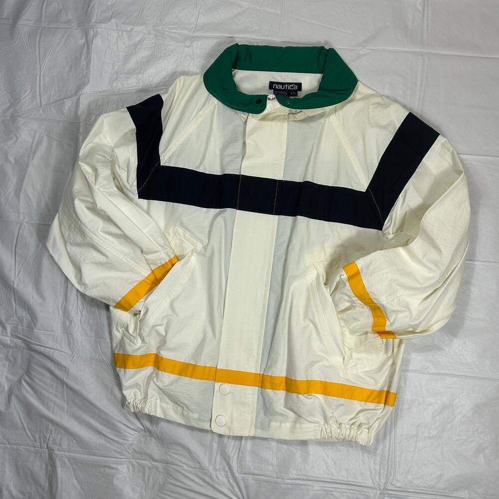 Vintage Nautica Men's Large Sailing Jacket White with Accents, Roll Away Hood - Picture 3 of 12